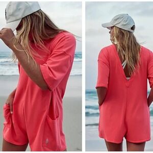 Free People Movement Neon Coral Oversized Hot Shot Romper Pockets L NWT